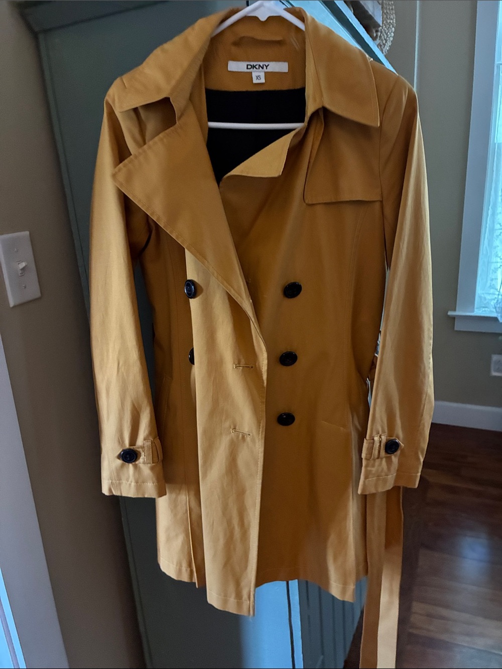DKNY Mustard Yellow Double-Breasted Trench Coat